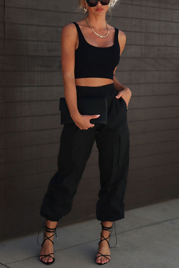 Nylon Elastic Waist Pocketed Cargo Pants