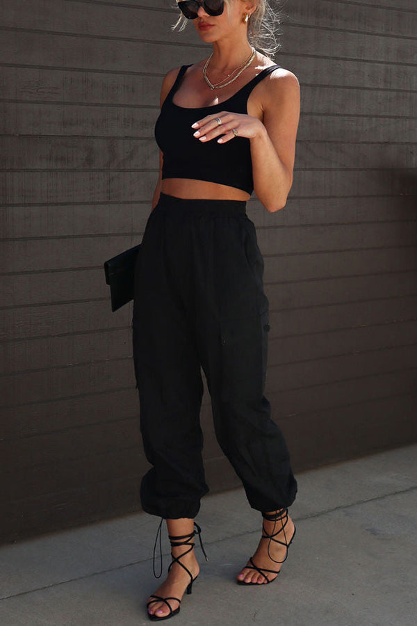 Nylon Elastic Waist Pocketed Cargo Pants